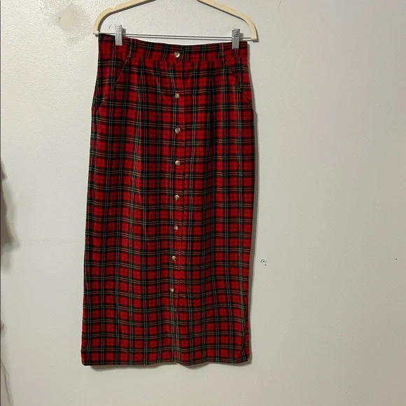 Eagle’s Eye Vintage Red Green Plaid Button Front Midi Skirt Size 10 - Picture 2 of 4